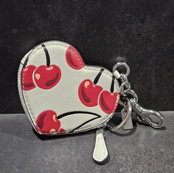 Coach CZ091 Leather Heart Coin Pouch Bag Charm With Cherry Print - Picture 2 of 5